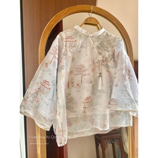 Set áo sườn xám tơ organza thêu lan đình tự tông trắng dáng suông mặc lễ, Tết, cổ trang tặng tua rua (ảnh thật tự chụp)