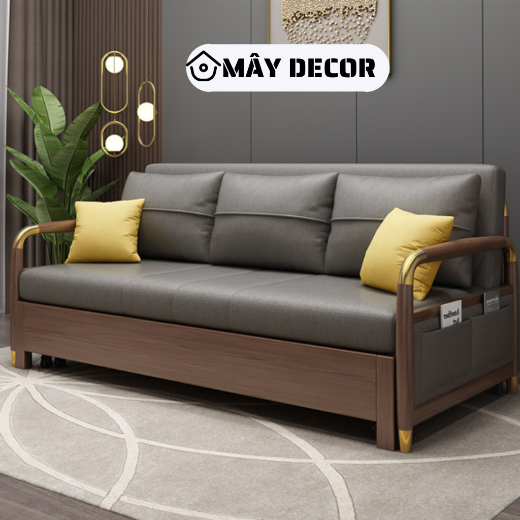Giường Sofa Gỗ Đa Năng Có Hộc Để Đồ, Sofa Giường Gấp Gọn Thông Minh Vải Nano Cao Cấp