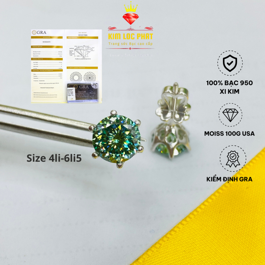 Bông tai moissanite màu xanh Bạc xi bạch kim 4-6.5mm, Khuyên tai bạc nam nữ đá kim cương nhân tạo 100giác, Hoa tai bạc