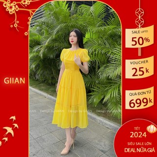 Váy xòe dáng dài vải tơ hàn mỏng nhẹ, đầm thiết kế tầng cách điệu - Thời trang Giian - VA0118