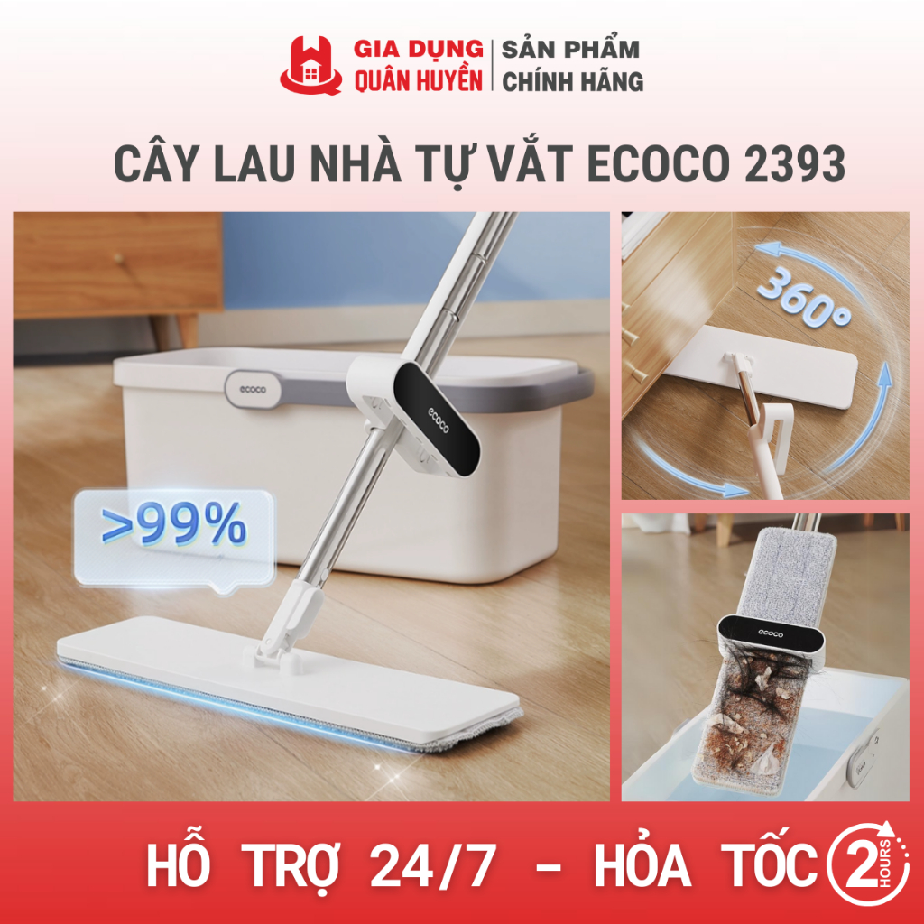 Cây lau nhà thông minh ECOCO kháng khuẩn xoay 360 độ, lau sạch khô nhanh 2393