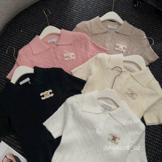 Áo len cộc tay cổ bẻ đính tag cnl áo len polo dáng croptop 5 màu siêu hot hàng qccc chất len dệt kim mềm đẹp