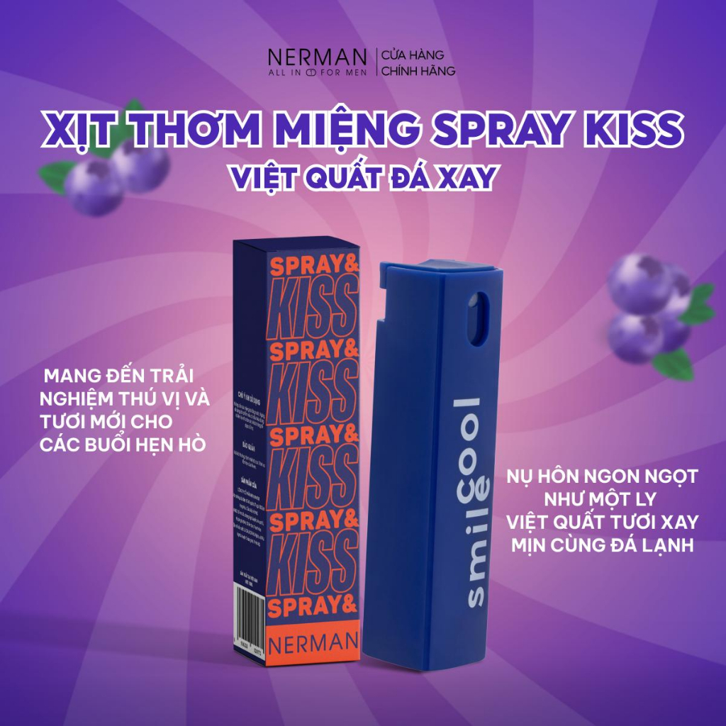 Xịt thơm miệng Spray & Kiss 10ml Nerman, Vị kẹo hoa quả bạc hà the mát cho nam nữ - Chính Hãng