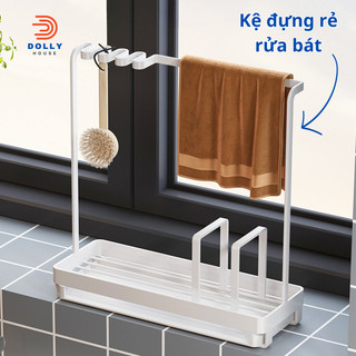 Kệ để giẻ rửa bát có giá treo khăn tay, kệ để đồ rửa chén kiêm giá treo khăn tay có khay hứng nước đa năng Dollyhouse