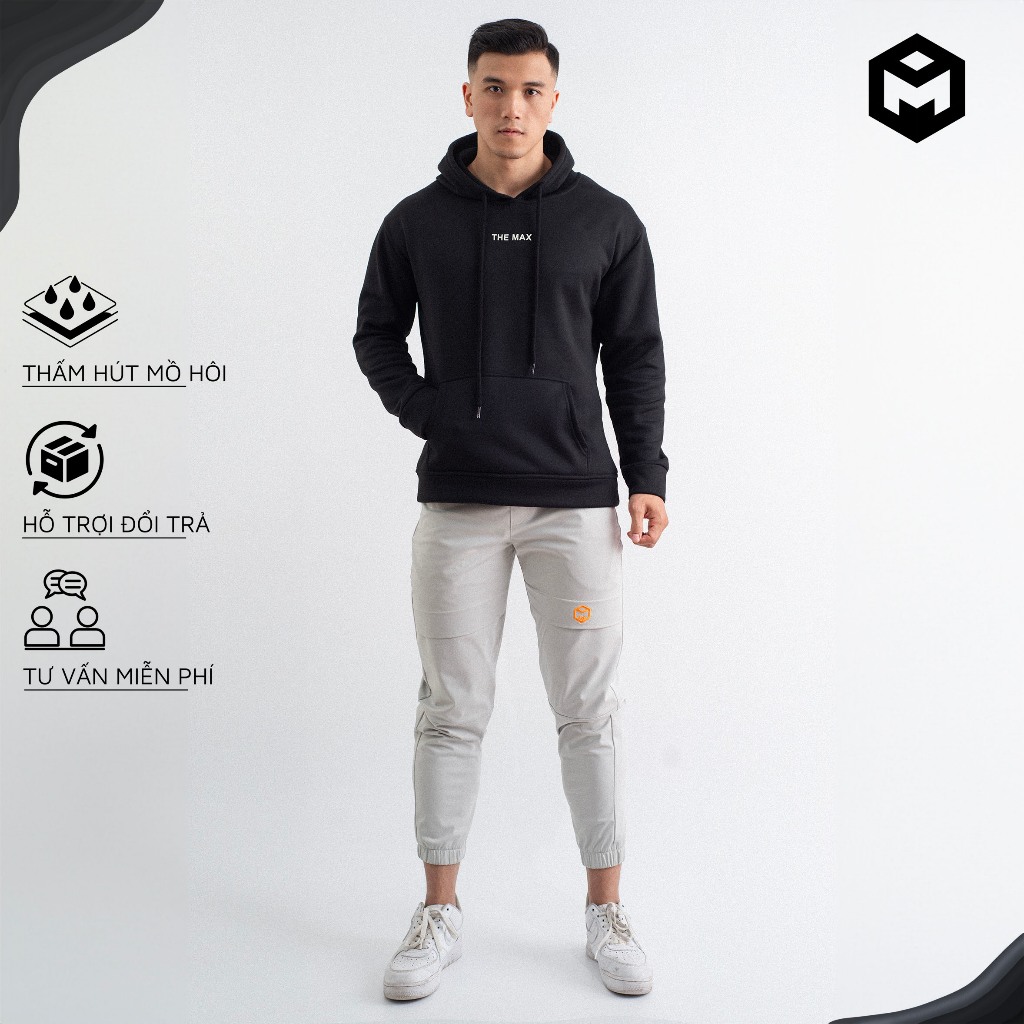Áo khoác hoodie đen vải nỉ trần bông cao cấp GYMMAX G1049