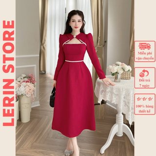 Váy Đẹp Dáng Dài Tiểu Thư Đầm Tiểu Thư Phối Cổ Nơ Kèm Tag Đá_LERIN V526