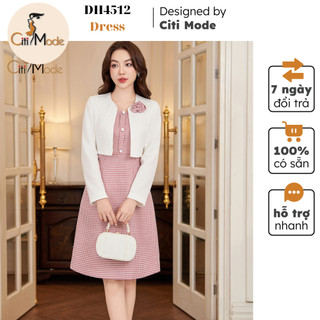 Đầm công sở CITI MODE FASHION thiết kế dáng xòe kẻ hồng phối áo vest trắng DH4512