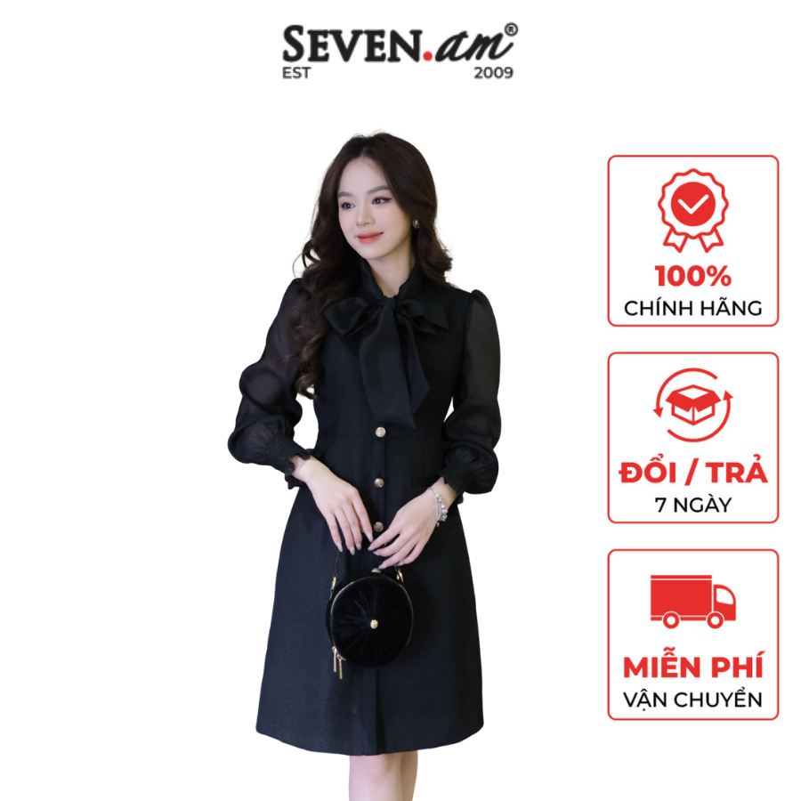 Đầm A tay dài đen phối cúc thời trang công sở nữ Seven.AM OD0070I