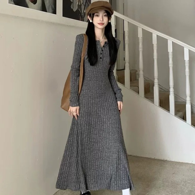 Đầm len gân dáng xoè nhẹ dài cúc cổ, Váy body nữ dài tay Xuất Xịn Su Min Min