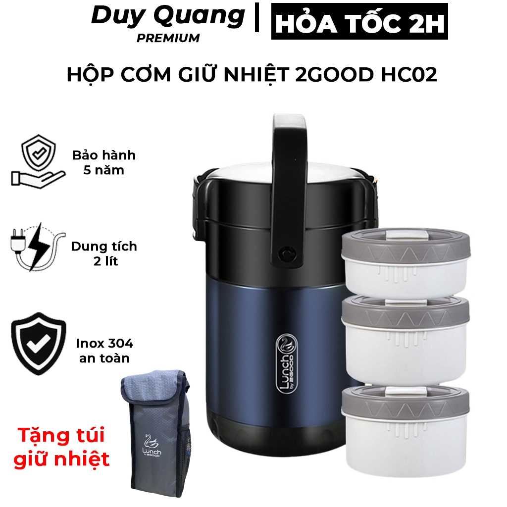 Hộp cơm giữ nhiệt 3 tầng 2GOOD HC-02, cà men đựng cơm, cặp lồng ủ nóng 12 tiếng, Bảo hành tới 5 năm