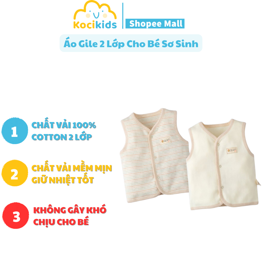Áo gile cho bé sơ sinh với 2 lớp, giữ ấm cơ thể cho bé chất liệu Cotton 