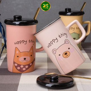 Cốc sứ,ly sứ 300ml họa tiết dễ thương kèm nắp + thìa