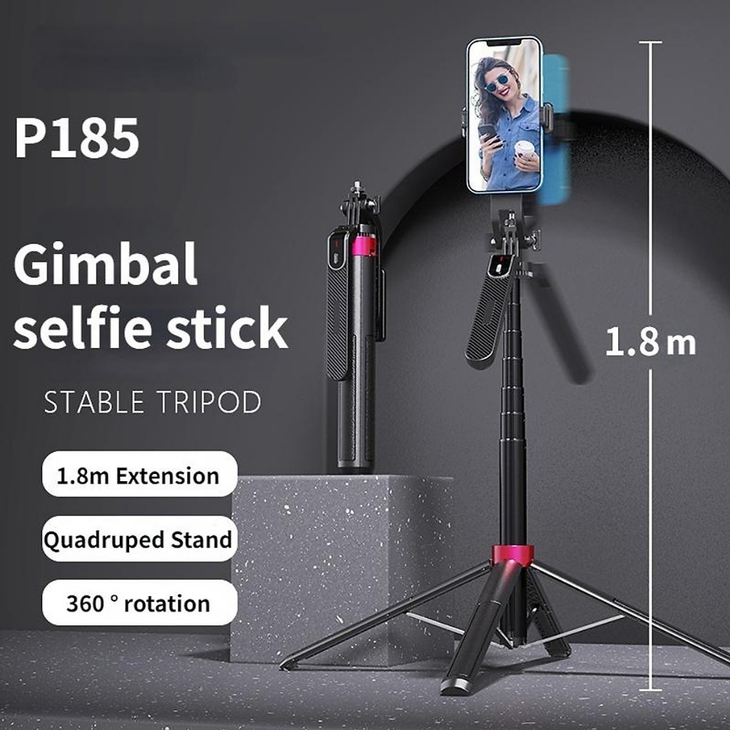Gậy chụp ảnh 4 chân P185 bluetooth kéo dài 180cm, remote sạc- Tripod điện thoại livestream, quay phi