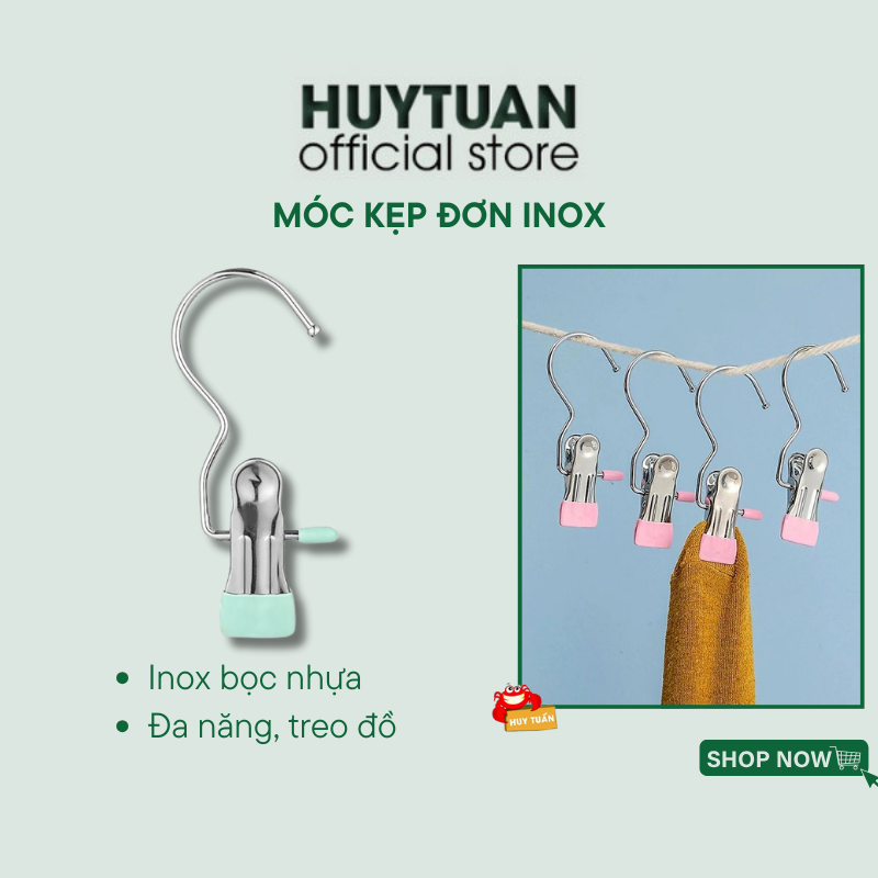 Móc treo quần áo kẹp đơn nhỏ gọn bằng inox bọc nhựa đa năng treo mũ nón tất vớ - Kẹp móc treo đồ đa năng dày chắc chắn