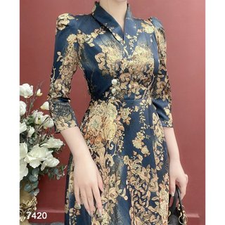 Đầm EMY EM7420 Xoè Midi Lụa Vân Pháp LVP Xanh Đen
