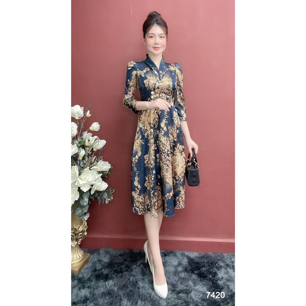 Đầm EMY EM7420 Xoè Midi Lụa Vân Pháp LVP Xanh Đen
