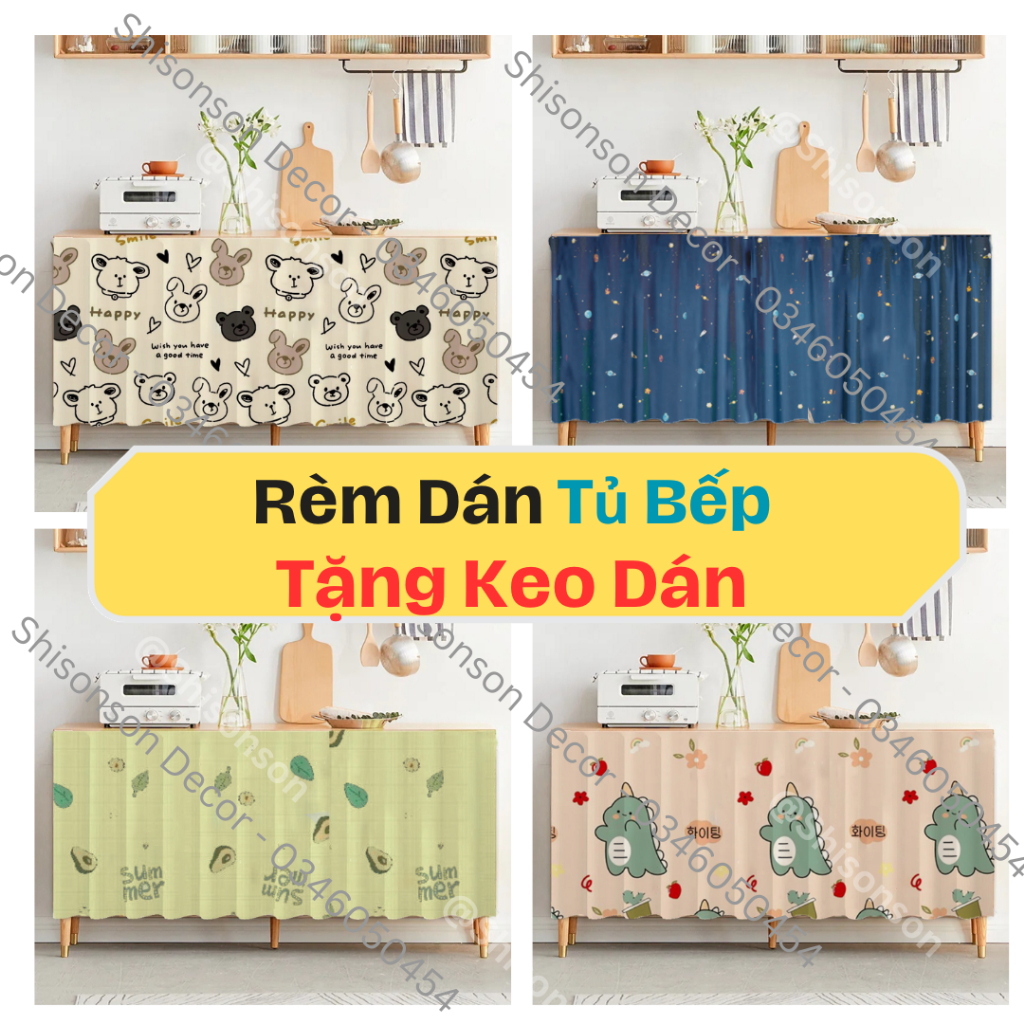Rèm dán tủ bếp, rèm che kệ bếp nhiều kích thước vải polly este Shisonson Decor