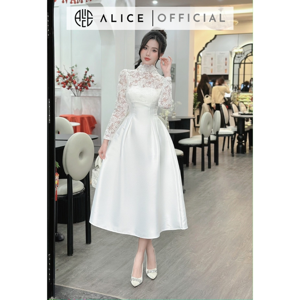 Váy Thiết Kế Ren Tiểu Thư Trắng ALICE Dáng Xoè Phối Tafta Đầm Dự Tiệc Sang Chảnh Chiết Eo Tôn Dáng Thanh Lịch V1157