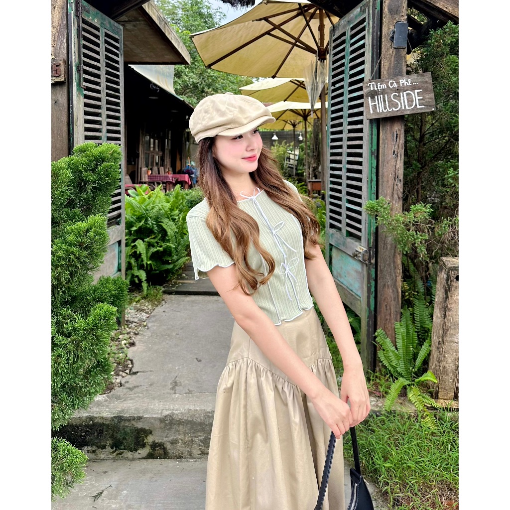 GAGO Áo Croptop Nữ Kiểu Thun Viền Dọc, Áo Croptop Đính Nơ Tay Ngắn GA4681 4679 4680