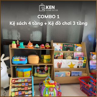 Kệ sách 4 tầng + kệ đồ chơi 3 tầng cho bé kenhomedecor, kệ gỗ đa năng cho phòng gọn gàng