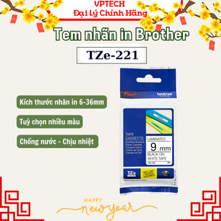 Nhãn in Brother siêu bền chống nước chịu nhiệt  TZE-221 chữ đen, nền trắng, khổ 9mm - Hàng chính hãng