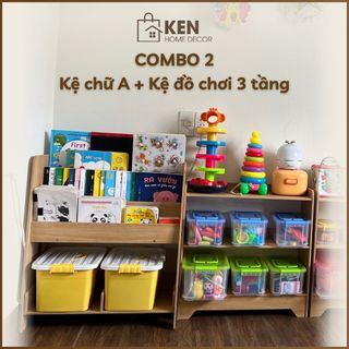 Combo kệ cho bé nhiều đồ chơi, kệ chữ a + kệ đồ chơi 3 tầng cho bé đa năng kenhomedecor