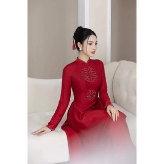 Áo dài cô dâu chữ hỷ lụa vân gỗ