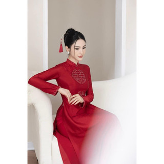 Áo dài cô dâu chữ hỷ lụa vân gỗ