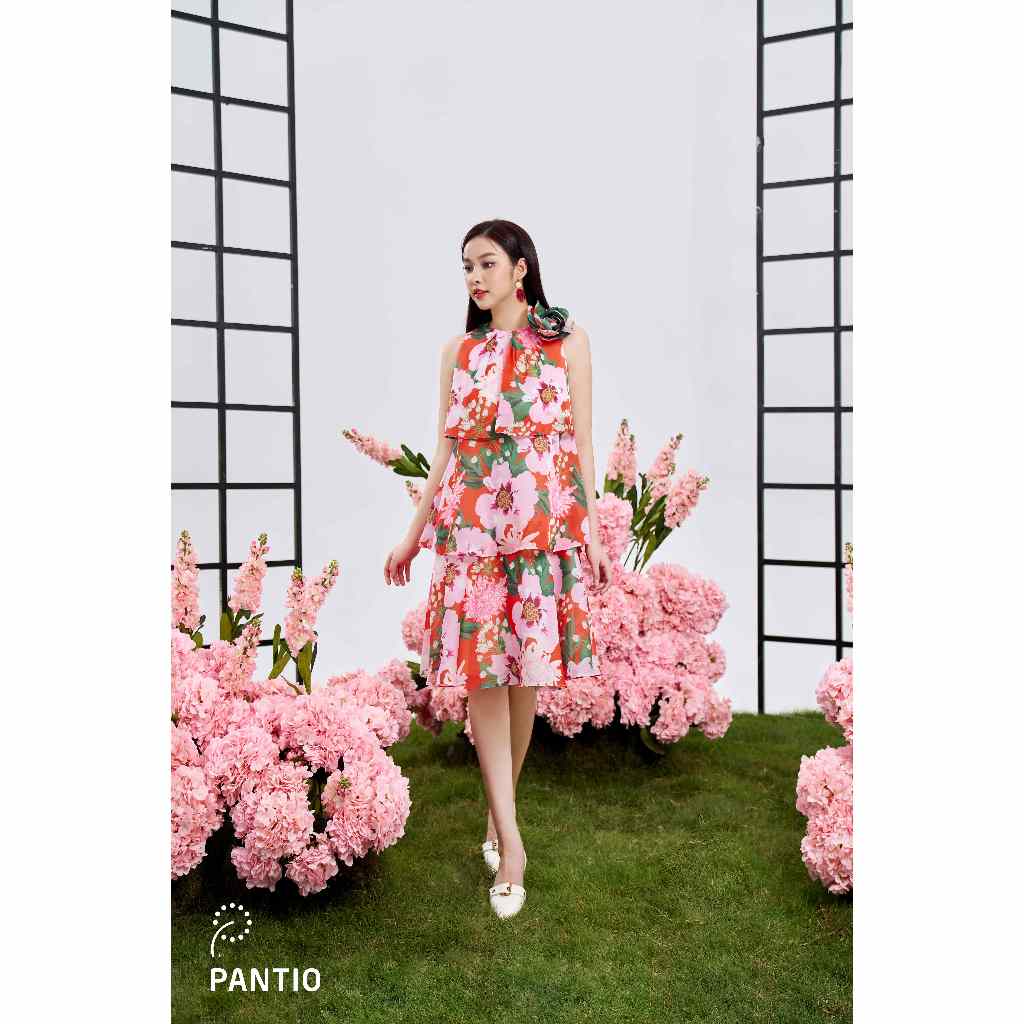 FDP33078 - Đầm dạo phố vải voan dáng xòe thân xếp bèo tầng phối hoa 3D trang trí - PANTIO
