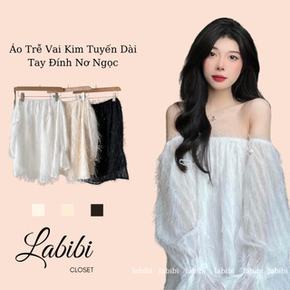 Áo Trễ Vai Kim Tuyến Dài Tay Đính Nơ Ngọc 2 Lớp Sang Chảnh, Labibi