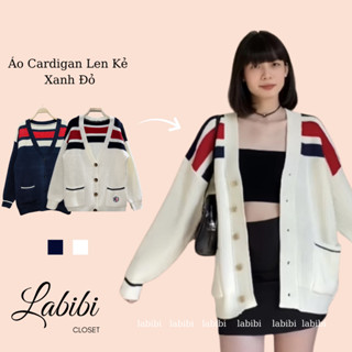 Áo Khoác Cardigan Len Kẻ Xanh Đỏ Thêu Túi RU Phong Cách Hàn Quốc, Labibi