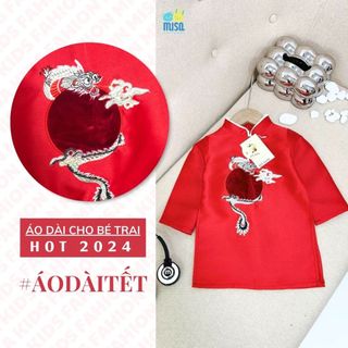 Áo dài tết, áo dài cách tân, áo dài bé trai, thêu rồng, form sang cho bé diện tết
