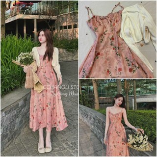 ĐẦM VOAN HOA VINTAGE KÈM ÁO KHOÁC THUN TĂM LẠNH TAY DÀI ĐẸP DỊU DÀNG NÀNG THƠ