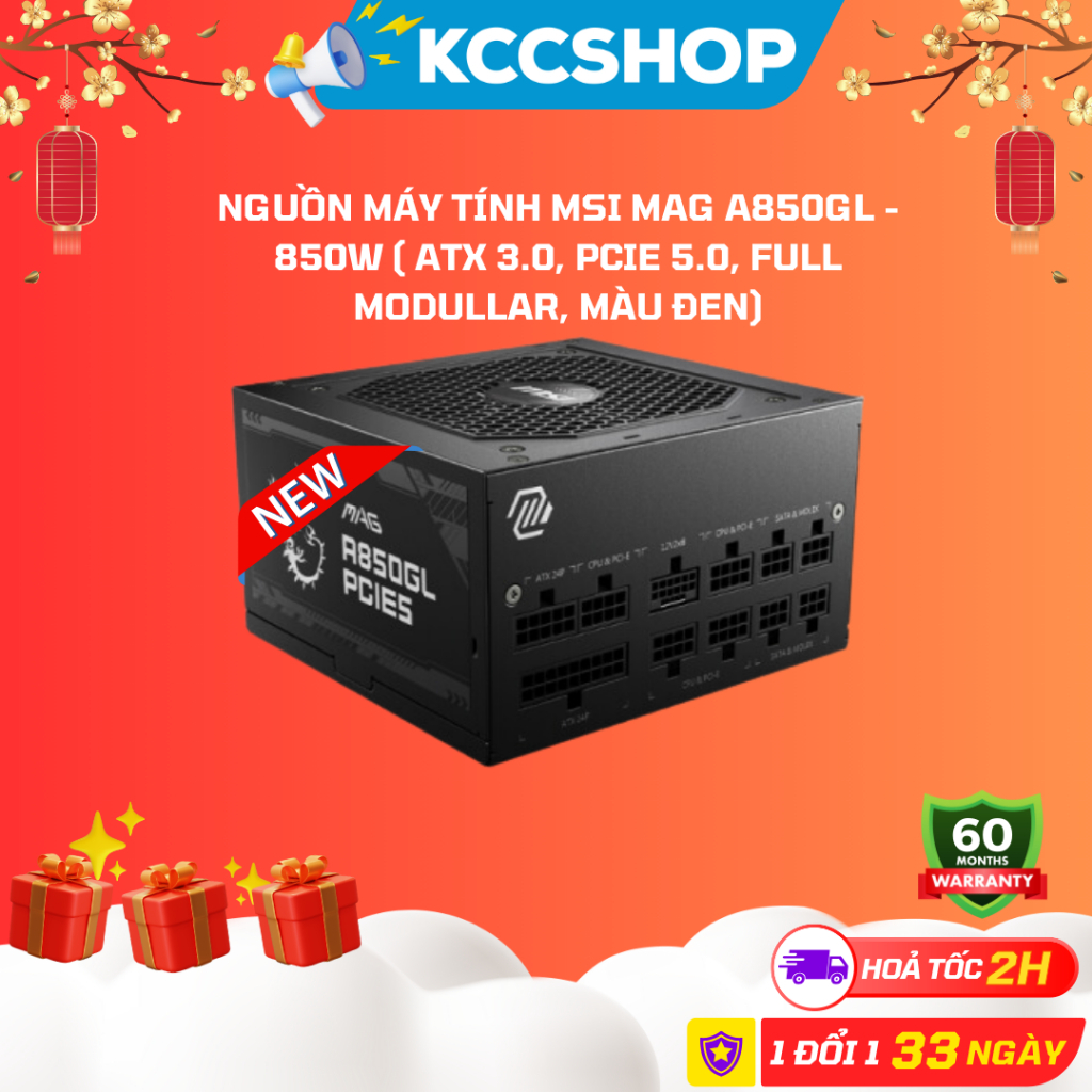 Nguồn máy tính MSI MAG A850GL - 850W ( ATX 3.0, PCIe 5.0, Full Modullar, Màu đen)