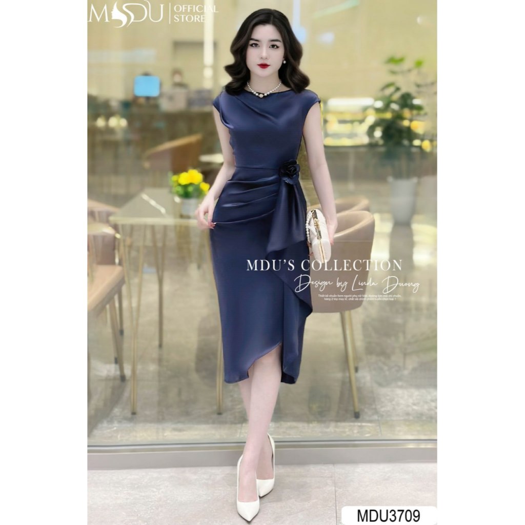 MDU3709 Váy thiết kế tiểu thư sang chảnh dáng ôm, chất liệu vải Lụa Twist Satin gân, mềm mại, không bai xù.