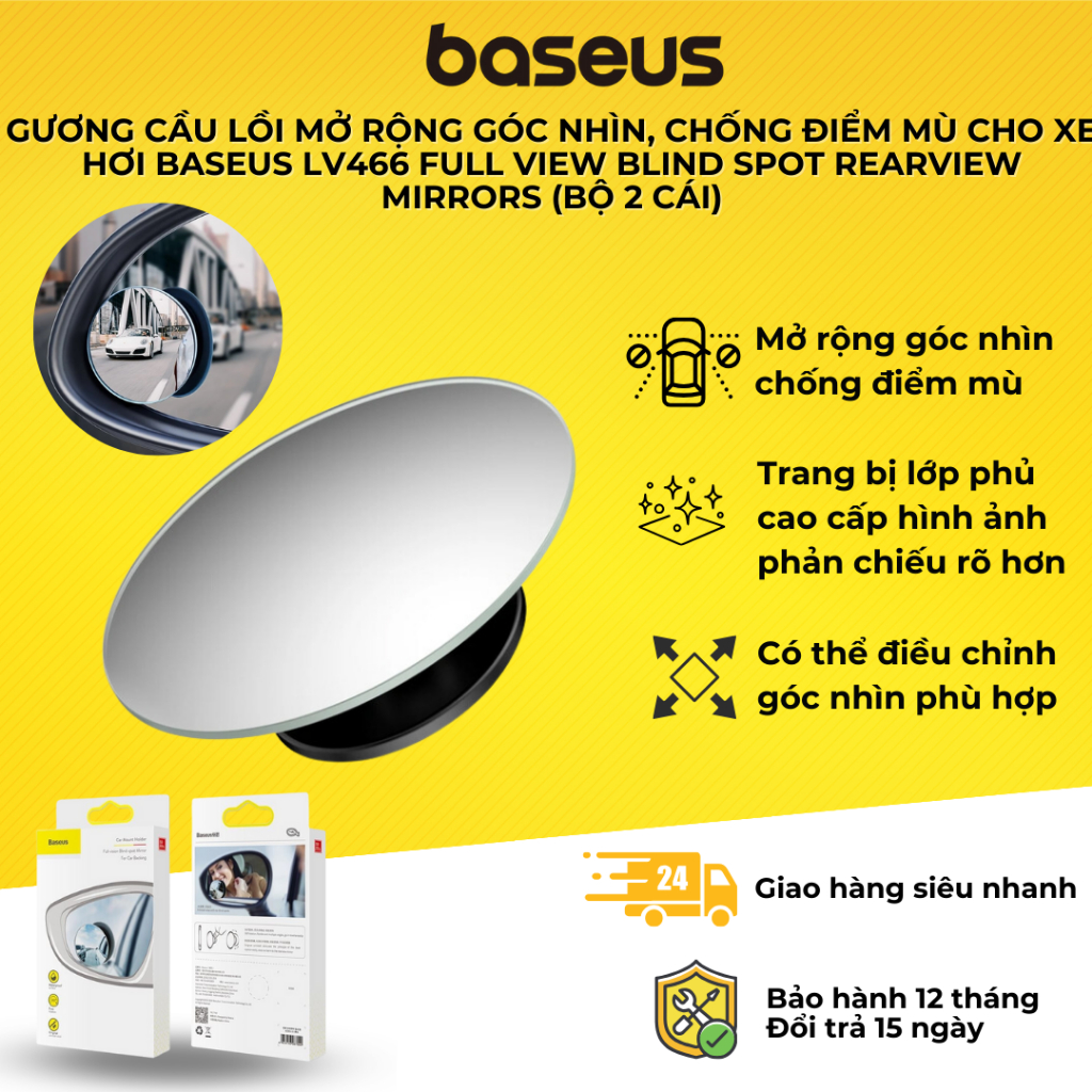 Bộ 2 gương cầu lồi Baseus, Mở rộng góc nhìn, Chống điểm mù, Phủ nano, Dễ dàng quan sát, điều chỉnh