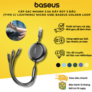 Cáp sạc dây rút 3 đầu Baseus Golden Loop 3 in 1 Elastic (3.5A,Type C/ l.P / Micro USB, Adjustable, Fast Charge Cable)