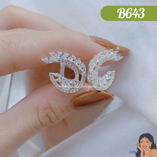 B643 Bông tai khoen bật lông vũ đính đá Marquise Bạc thật Thiên Cát s950