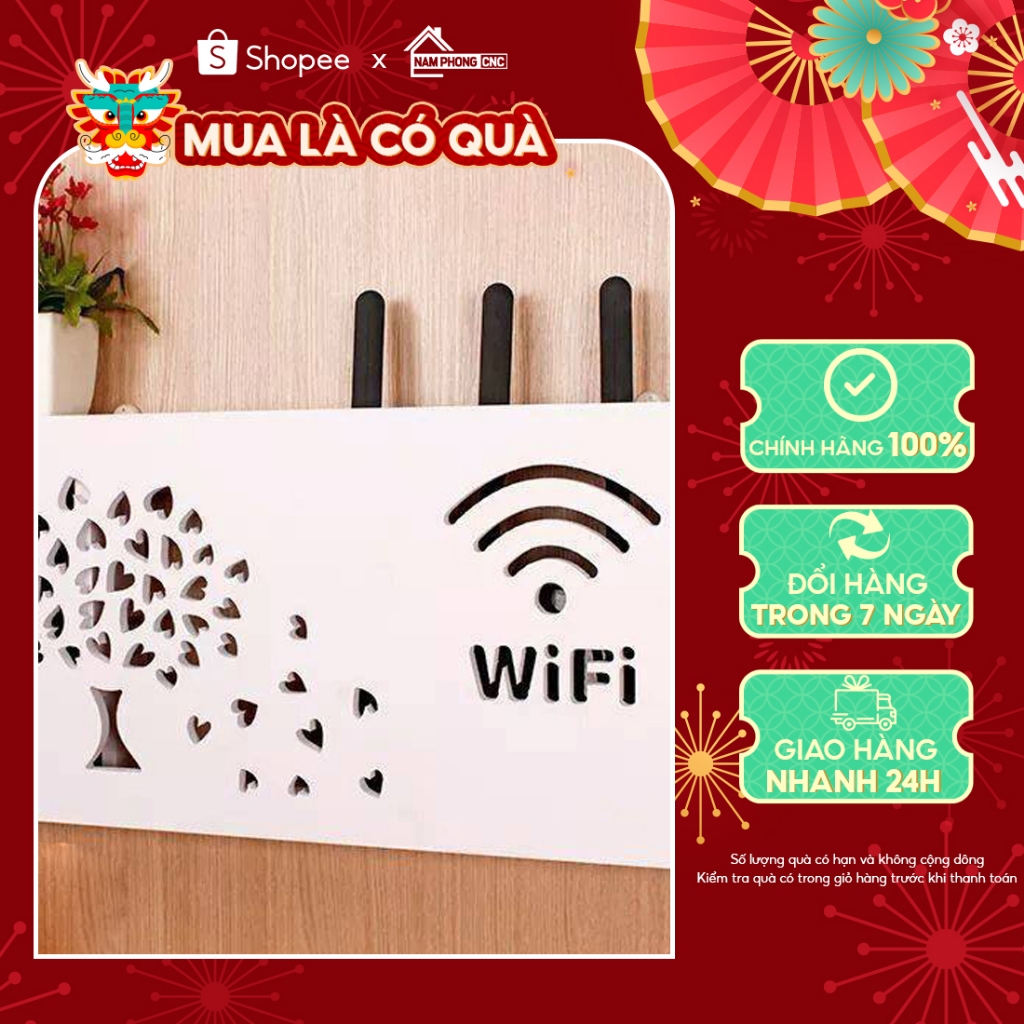 Kệ wifi treo tường gỗ CNC hình cây lá trái tim, hộp đựng modem wifi sang trọng