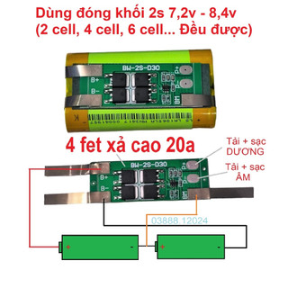 Mạch 2s 7.2v / 8.4v 4fet xả cao 20a , mạch bảo vệ sạc xả cho khối pin 2s limo