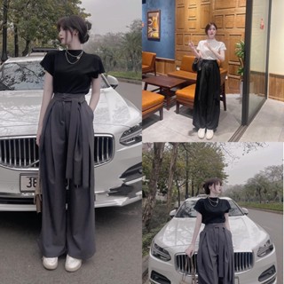 Set áo thun cotton croptop lụa cổ 3p mix quần xám xuông thụng nơ