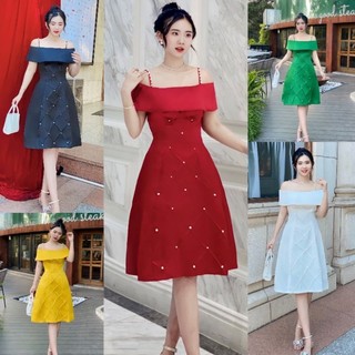 Đầm xòe thiết kế 2 dây kết hạt đan eo cao cấp- TKO TẶNG HOA TAI