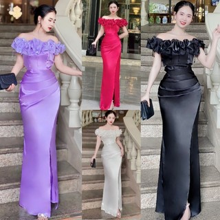 Đầm dạ hội thiết kế trễ vai bèo ngực phi lụa đính kết đá cao cấp-tko tặng hoa tai