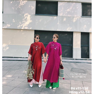 Set áo dài gấm hoa thêu hoa đào ☘️