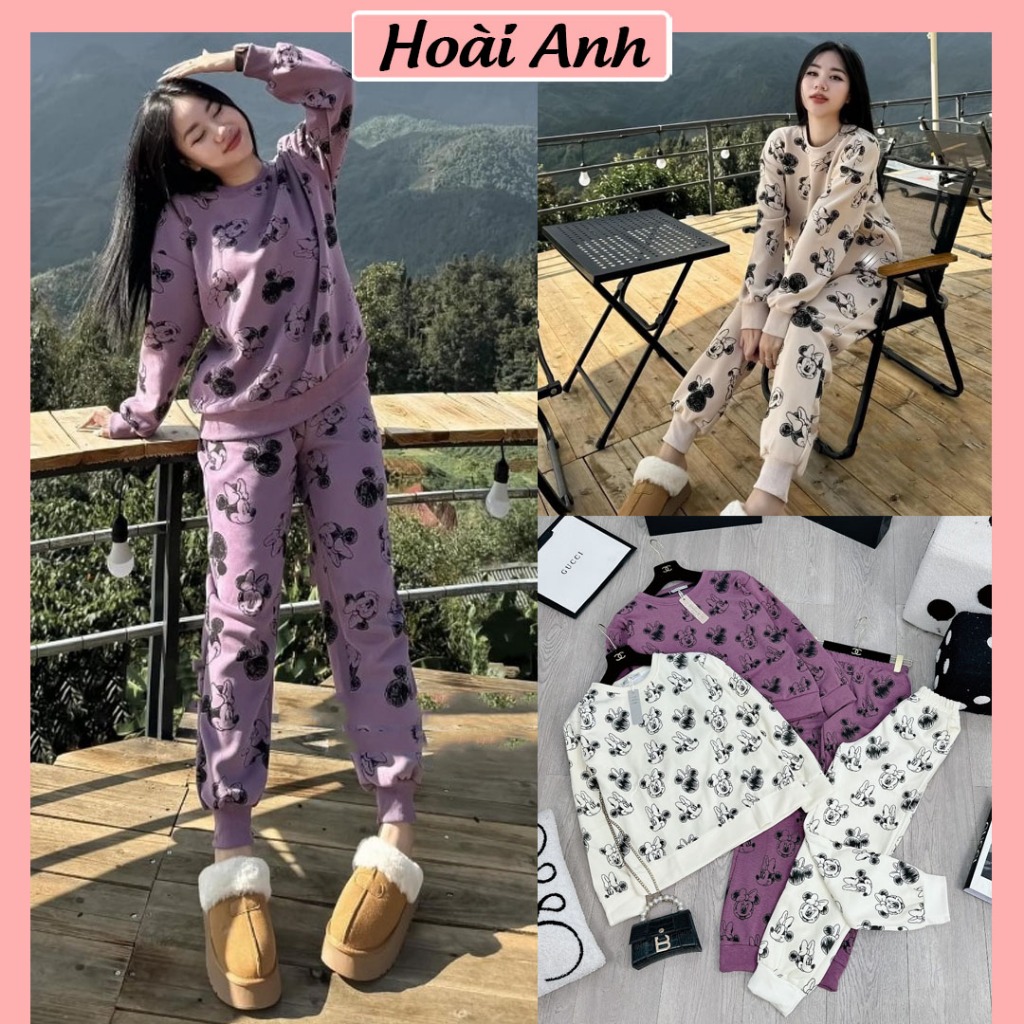 Set Bộ Đồ Nữ Nỉ 2 Da Nhiều Mickey Áo Dài Tay In Hình Mix Quần Dài Boom Gấu Freesize