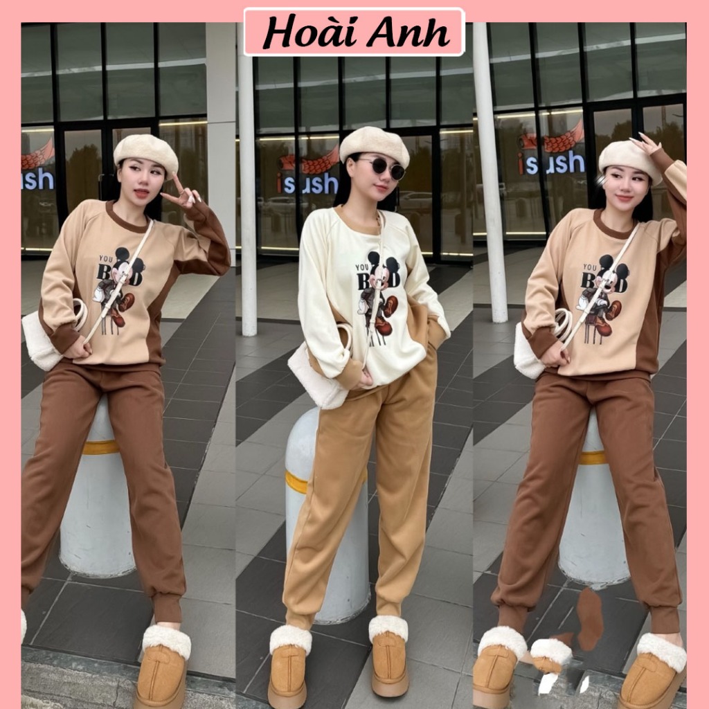 Set Bộ Đồ Mickey Phối Nâu Áo Nỉ 2 Da Dài Tay Phối Màu Mix Quần Dài Boom Gấu Freesize