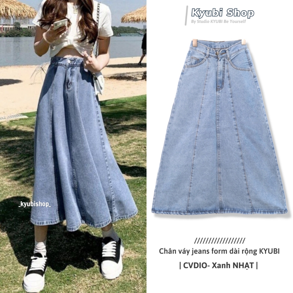 Chân váy jean dài Midi lưng cao ulzzang form dài rộng - Váy bò KYUBI CVDIO