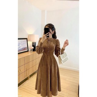 Váy đầm thiết kế, váy nhung tăm phối cúc ngực_V001