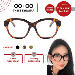 Gọng kính cận nam nữ THE88 mắt mèo dáng oval gọng nhựa thiết kế bo tròn đính kim loại mắt 0 độ giả cận KC70