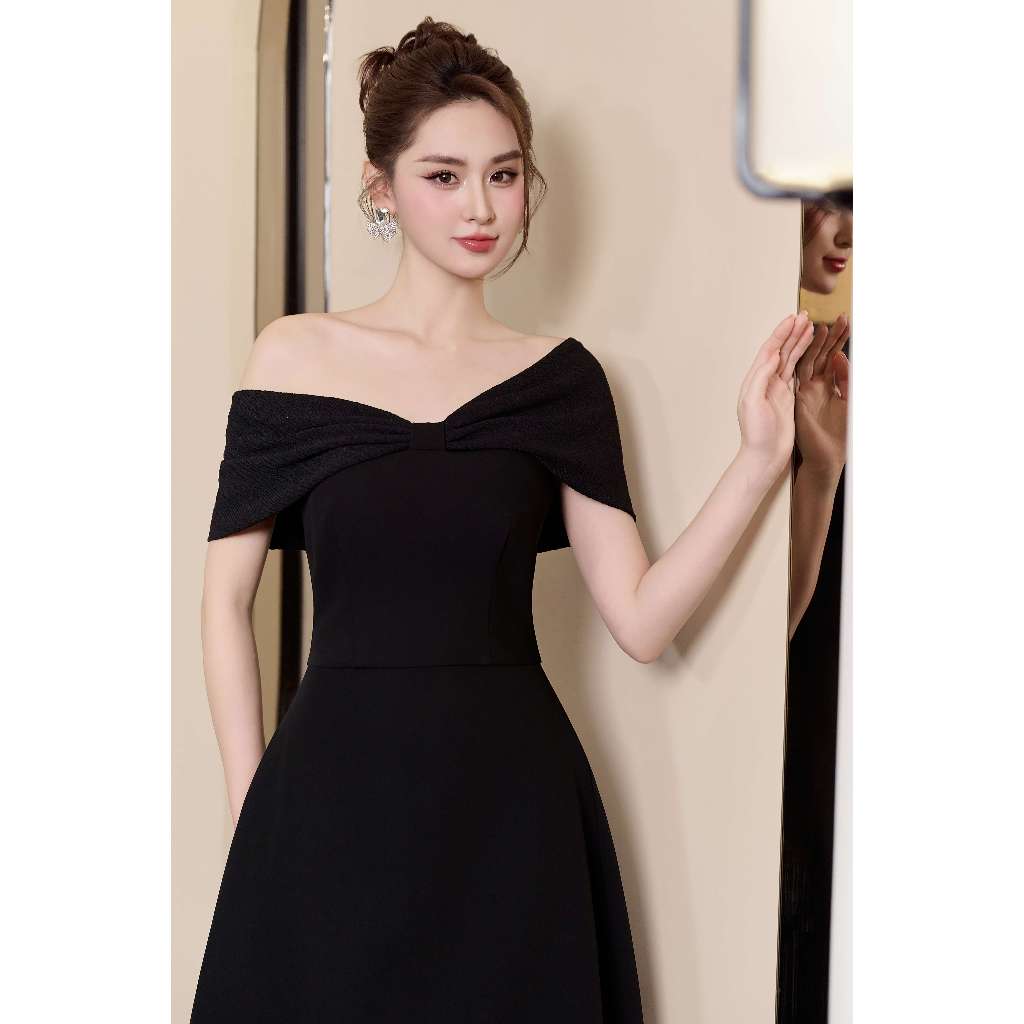 Váy dáng A lệch vai YAME YV319 ngực phối vai thun co giãn chất chéo Ý 110cm